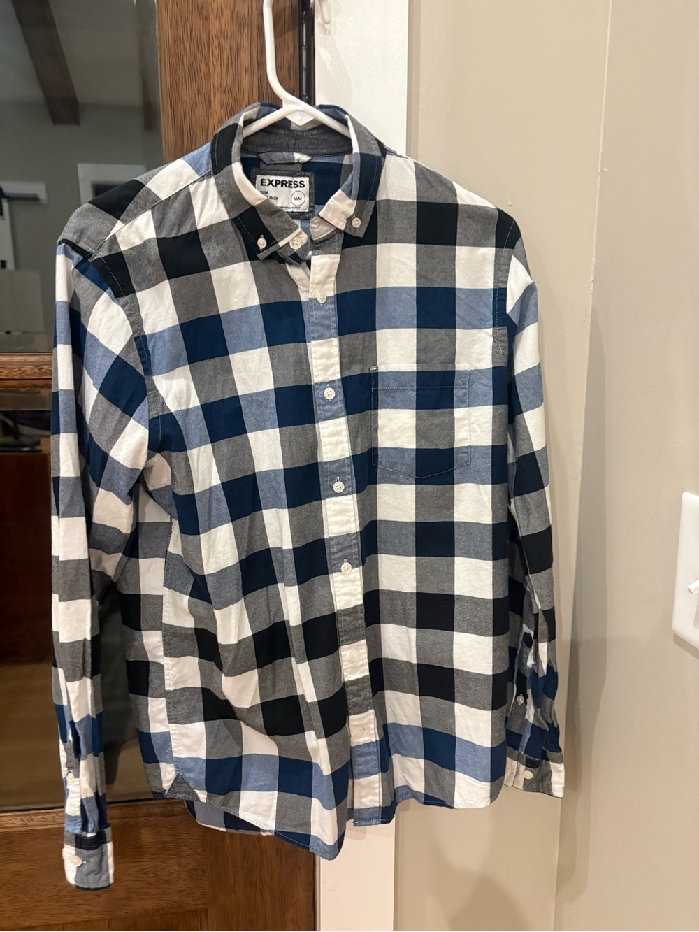 Express Men’s Blue, Black and White Plaid Button-Down Shirt